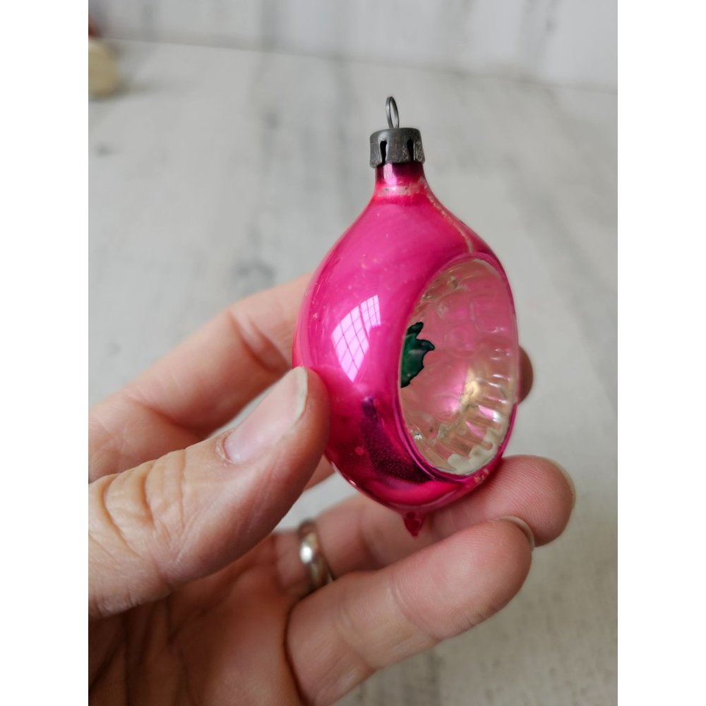 Vintage indent pink mini teardrop ornament striped orange Xmas tree